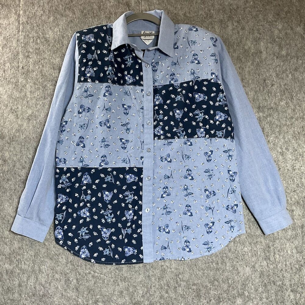 Vintage Shirt Womens Medium Blue Floral Patchwork Button Front USA 90s Prairie